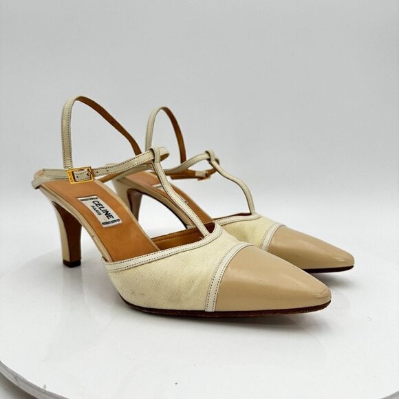 Celine Women Size EU 37.5 US 7 Cream Tan Pointed Toe T strap Heel Pump Sandal - Picture 4 of 16